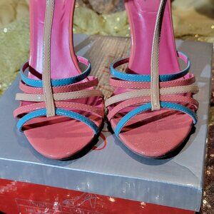 Women's multicolored -coral, aqua, strappy 4 inch heal in size 7 by Bro Mise
